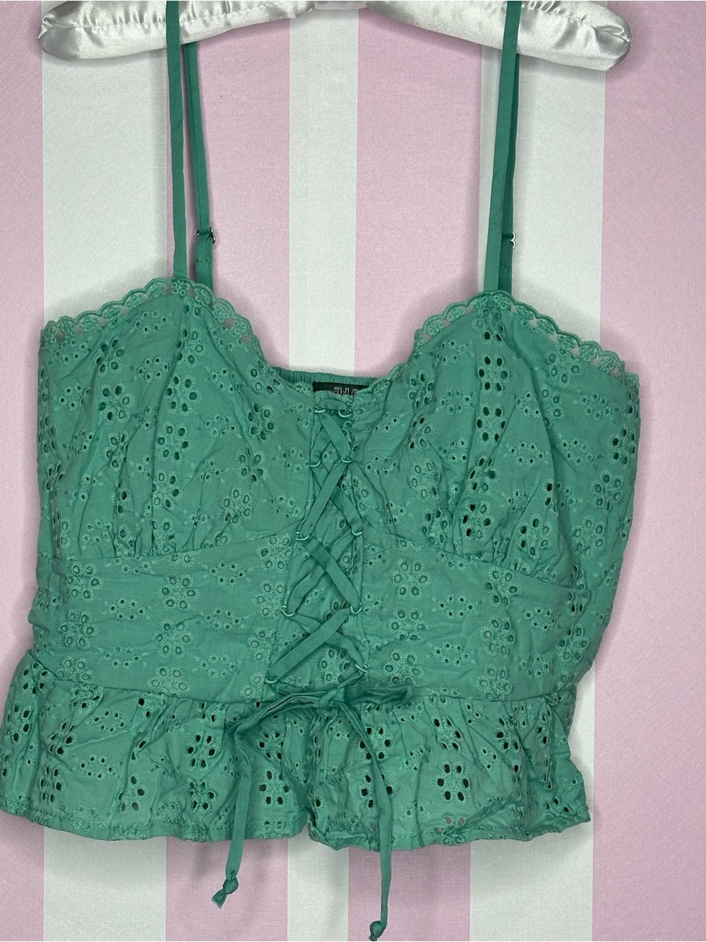 wild fable Mint Green Eyelet Lace-Up Crop Cami